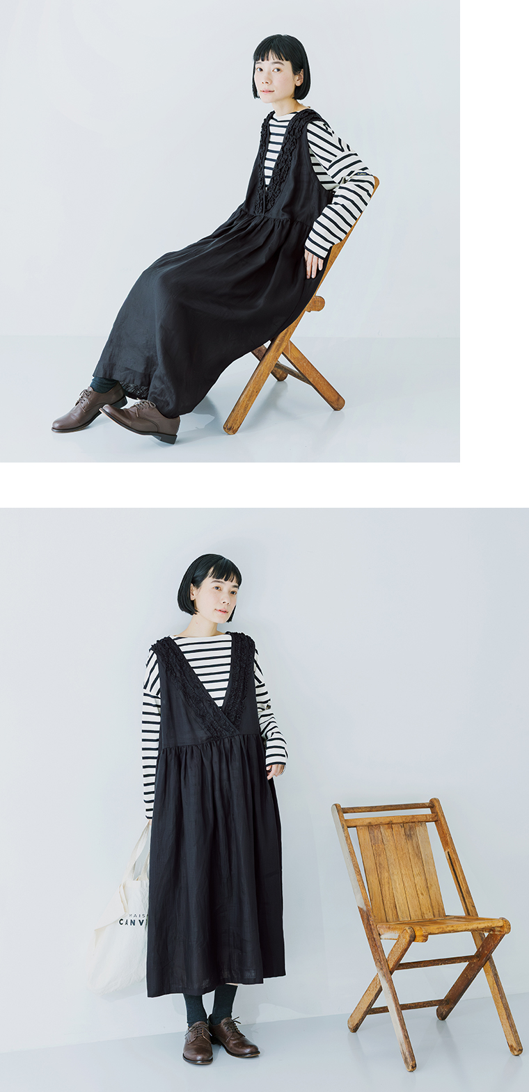 ブラックの2wayノースリーブワンピースをVネック前で着用した女性モデルの座りスタイルと全身スタイル