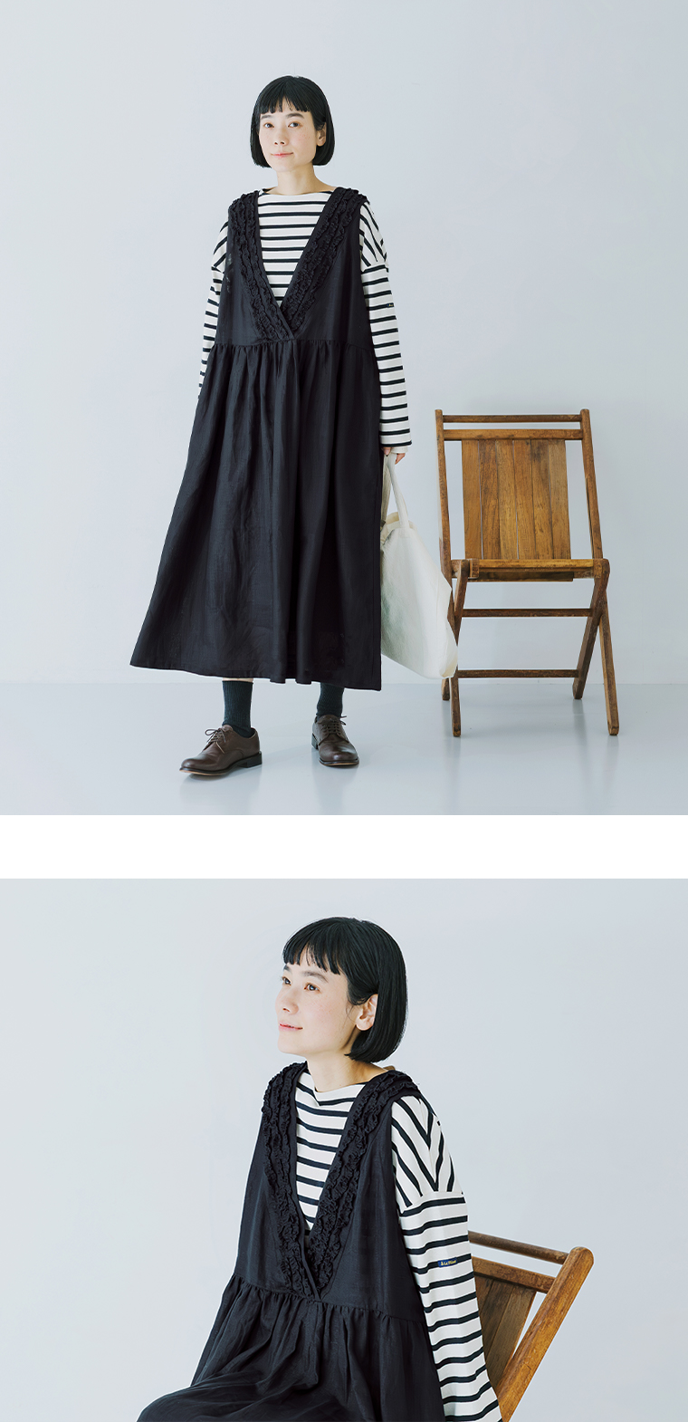 ubasoku 前後フリル使い2wayノースリーブワンピース（ブラック）にボーダーロングTシャツを合わせた女性モデルの全身と上半身スタイル