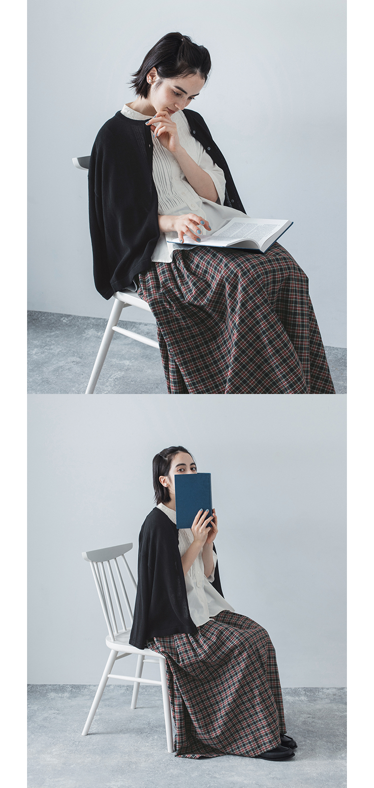 &yarnコットンピンタックブラウス半袖にブラックのカーディガンを合わせた着用コーディネート画像（オフホワイト）