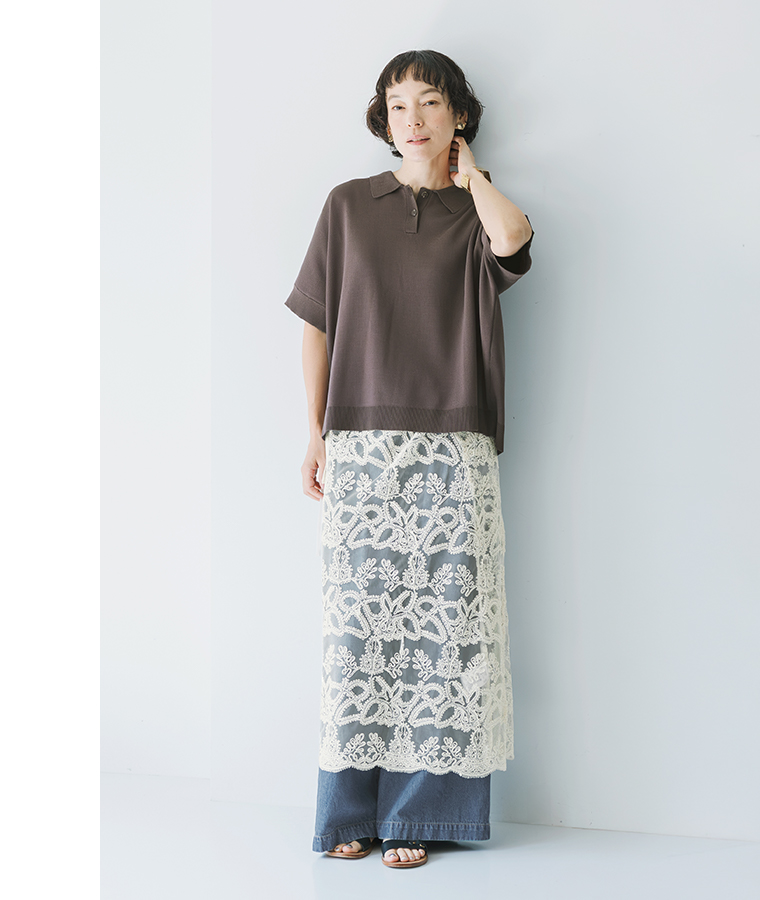 &yarn 洗えるニットポロシャツ コーヒー 全身前