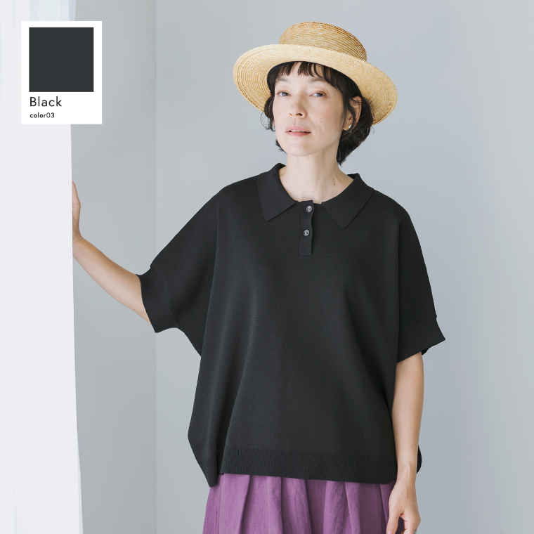 &yarn 洗えるニットポロシャツ ブラック