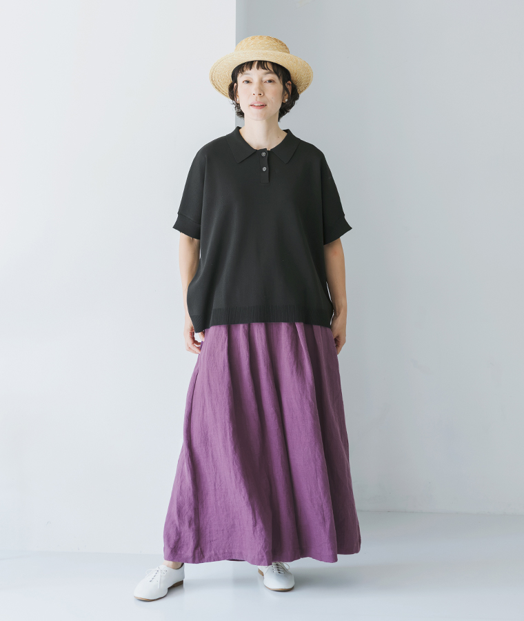 &yarn 洗えるニットポロシャツ ブラック 全身前