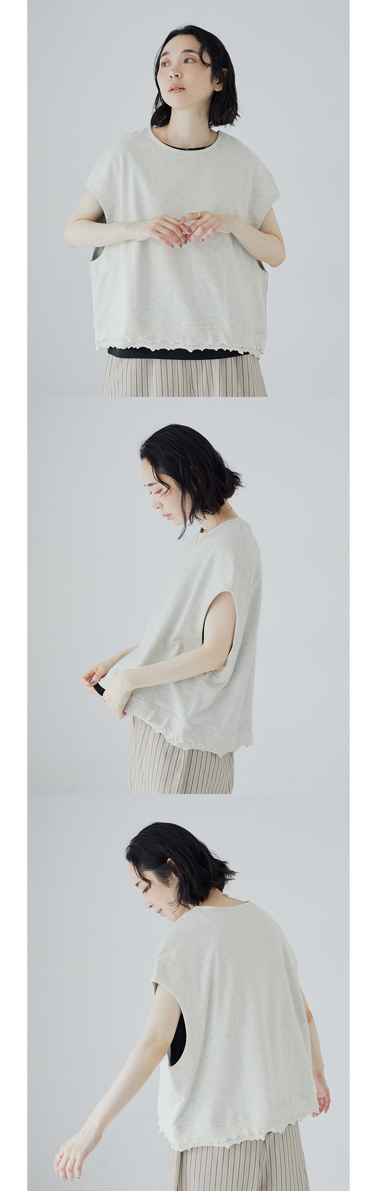 le ciel a temps douxミニミニ裏毛 裾メローTシャツベスト（オートミール）の着用画像。フロント・サイド・バックのシルエットと、ゆったりとしたアームホールや裾メローデザインを紹介。
