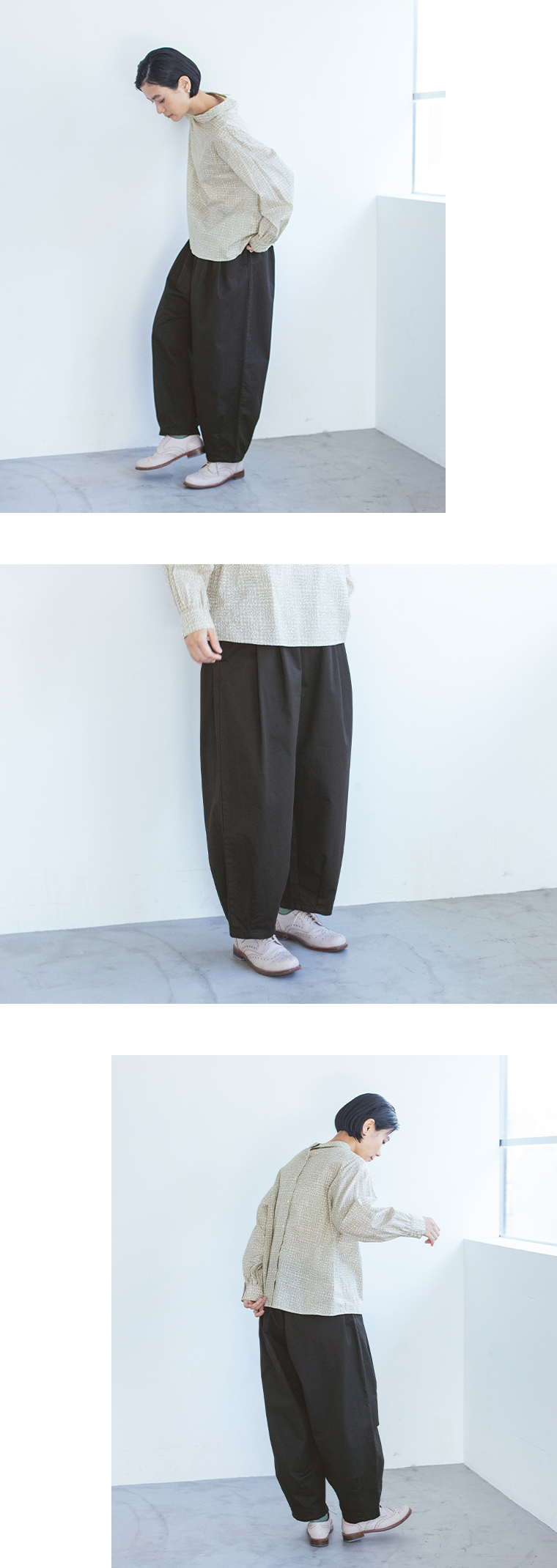 ブラックのいつものまあるいチノパンツを着用した女性モデルの横向き・正面・後ろ姿
