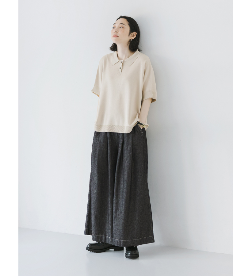 Lintu Laulu　デニムタックワイドパンツ スミクロ 全身前