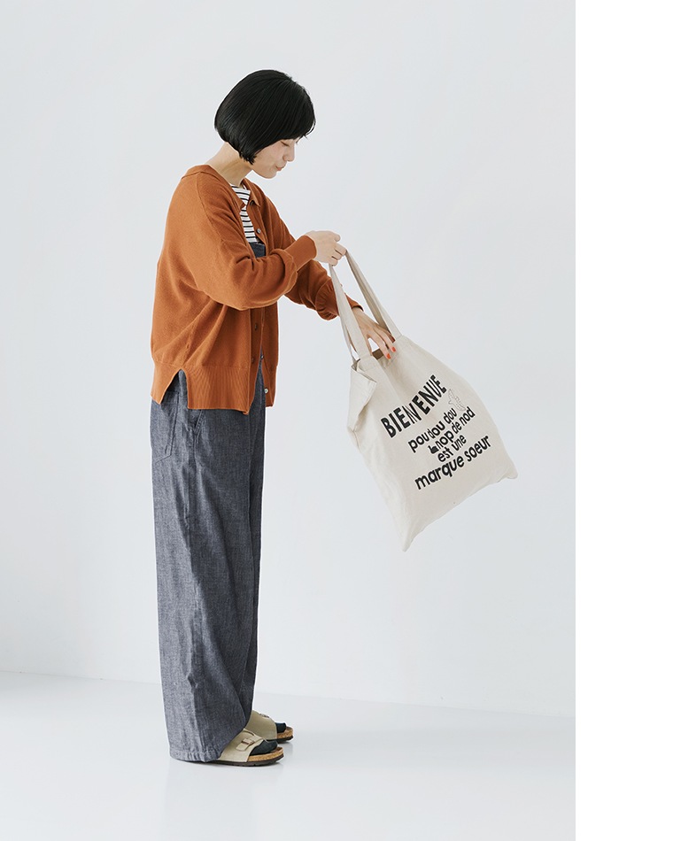 ista-ireごきげん2wayポロカーディガン（オレンジ）のサイドシルエットとコーディネート画像