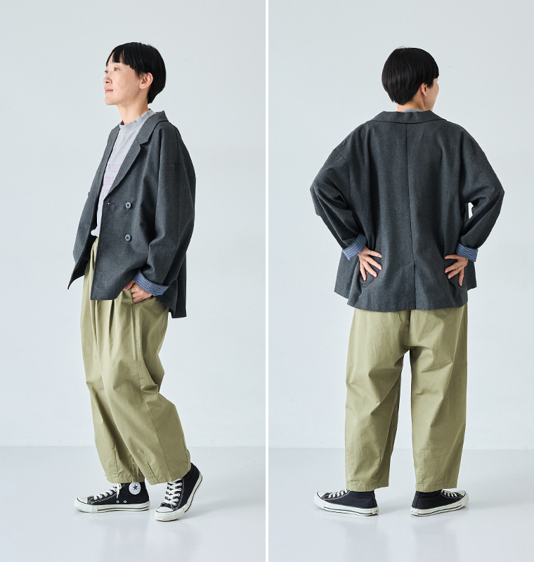 Lintu Laulu いつものまあるいチノパンツ スタッフ着用 オリーブ 全身横後ろ