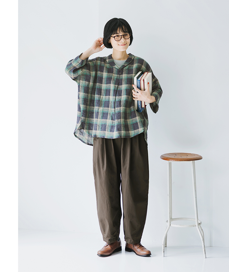&yarn 100％リネンチェックショールカラーブラウス ブラウン×イエロー