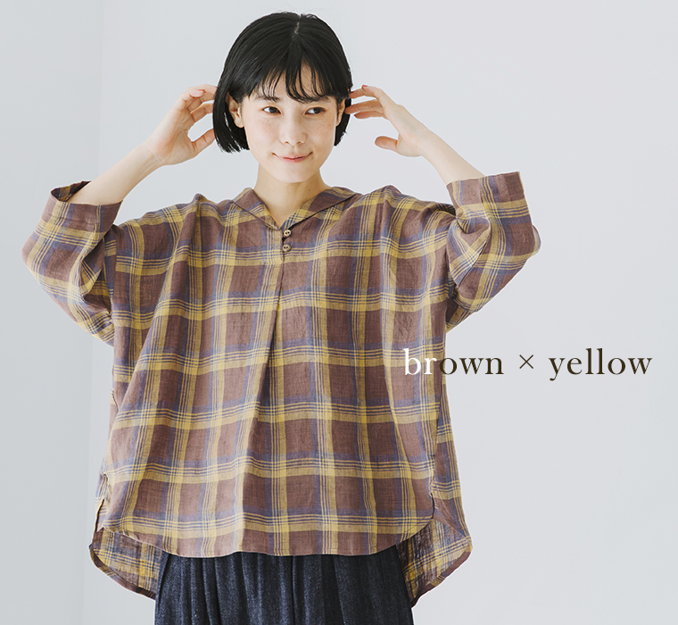 &yarn 100％リネンチェックショールカラーブラウス