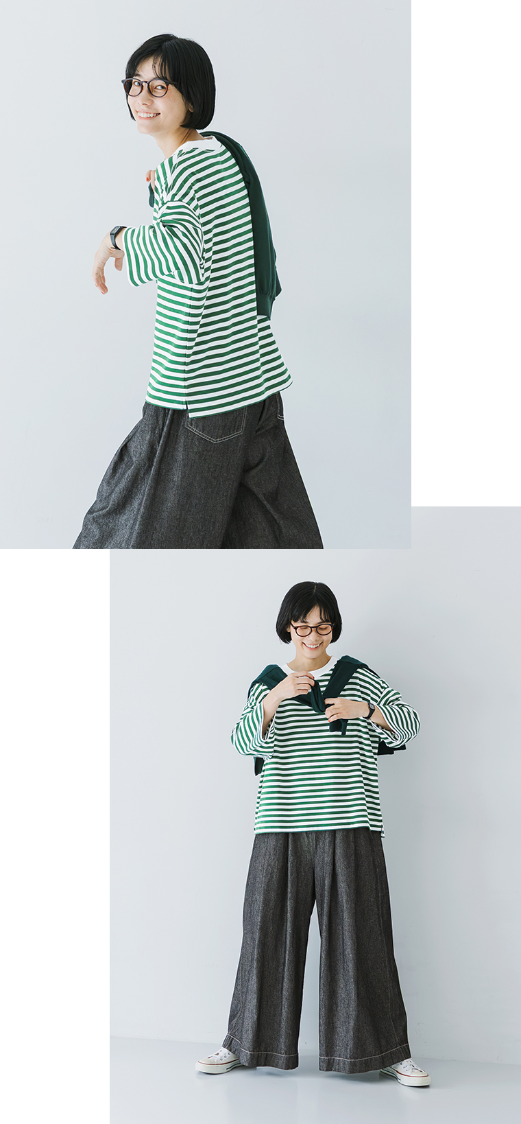 &yarn1枚で着映えるボーダーワイドプルオーバーのグリーンカラーを着用したコーディネート画像（サイドシルエットと全身スタイル）