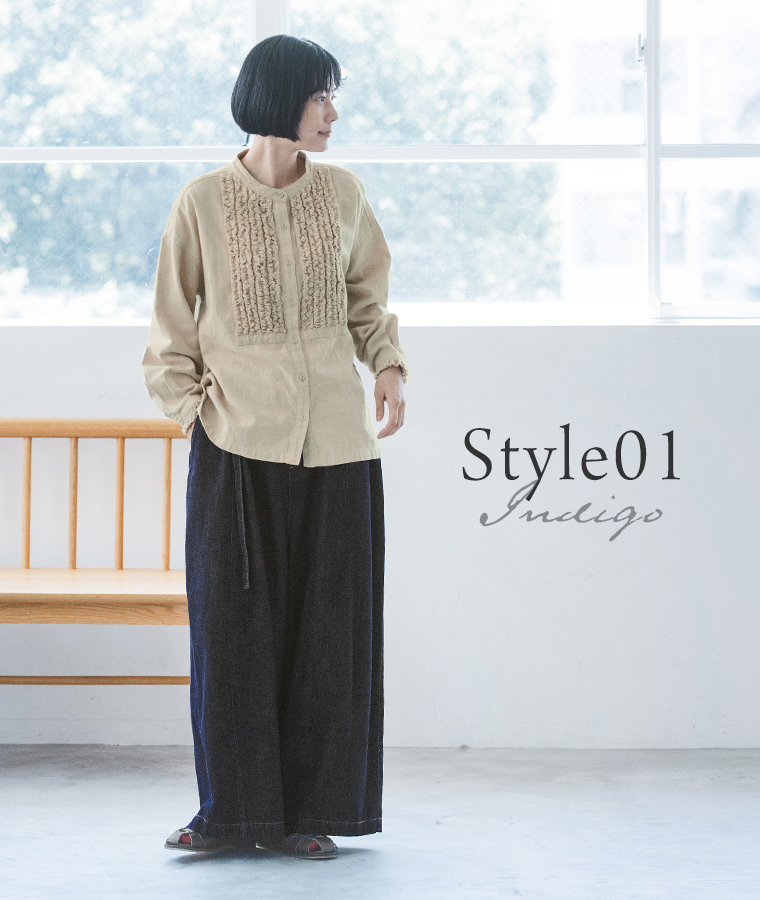 ista-ire ソフトコットンデニムベルト付きワイドバルーンパンツ インディゴ style01