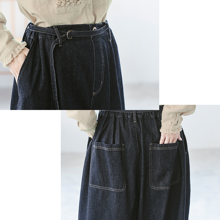 ista-ire ソフトコットンデニムベルト付きワイドバルーンパンツ インディゴ style01 各所寄り