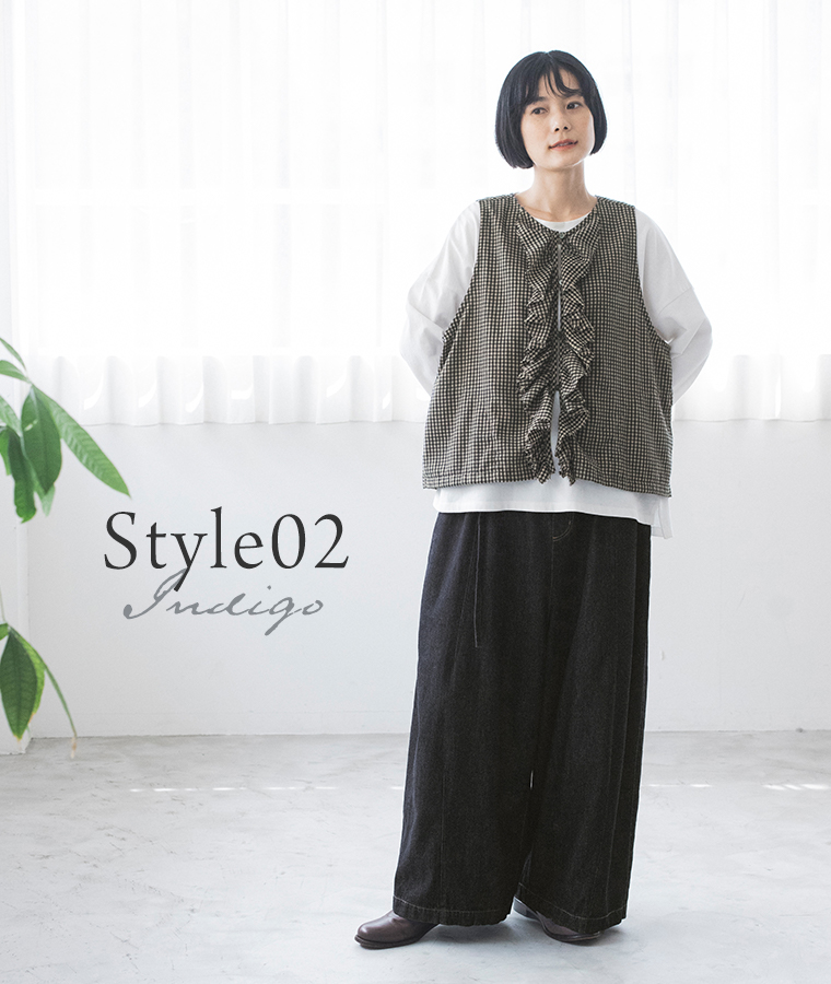 ista-ire ソフトコットンデニムベルト付きワイドバルーンパンツ インディゴ style02