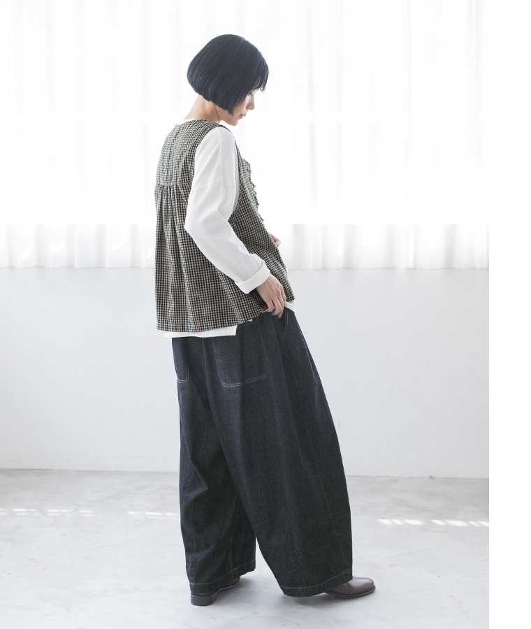 ista-ire ソフトコットンデニムベルト付きワイドバルーンパンツ インディゴ style02 全身横