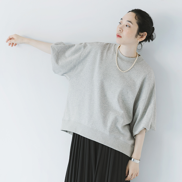 &yarn 袖バルーン裏毛プルオーバー 杢グレー 上半身身幅見せ