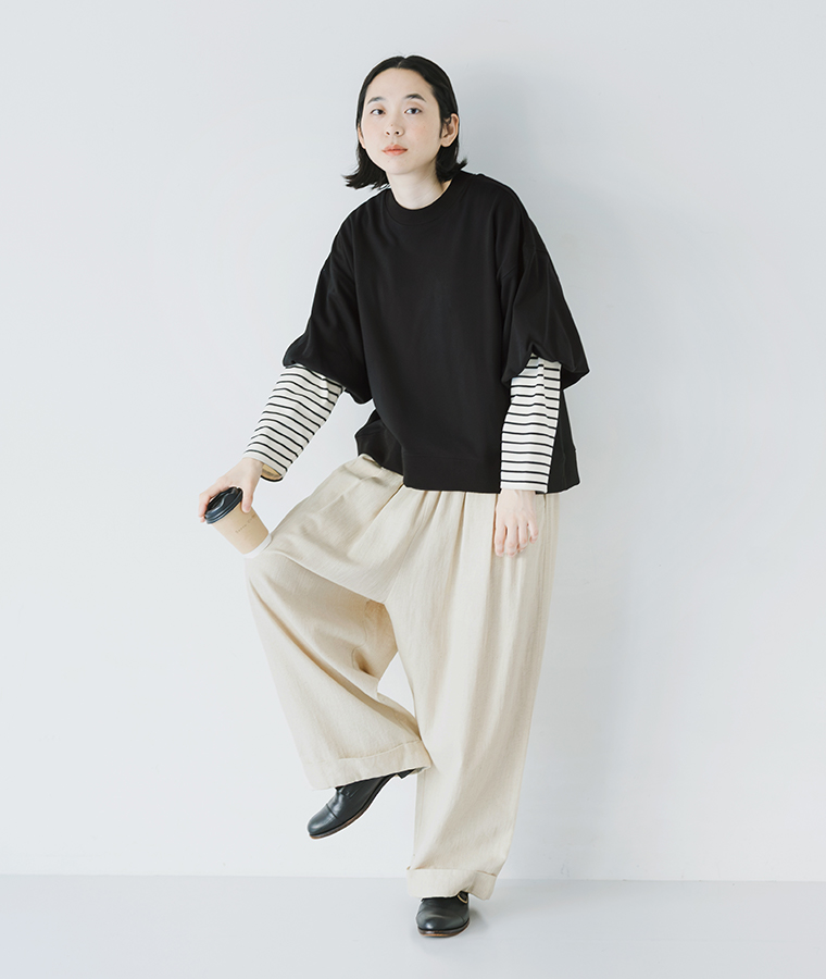 &yarn 袖バルーン裏毛プルオーバー ブラック 全身前