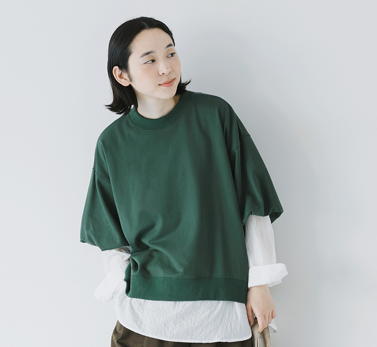&yarn 袖バルーン裏毛プルオーバー グリーン 上半身前