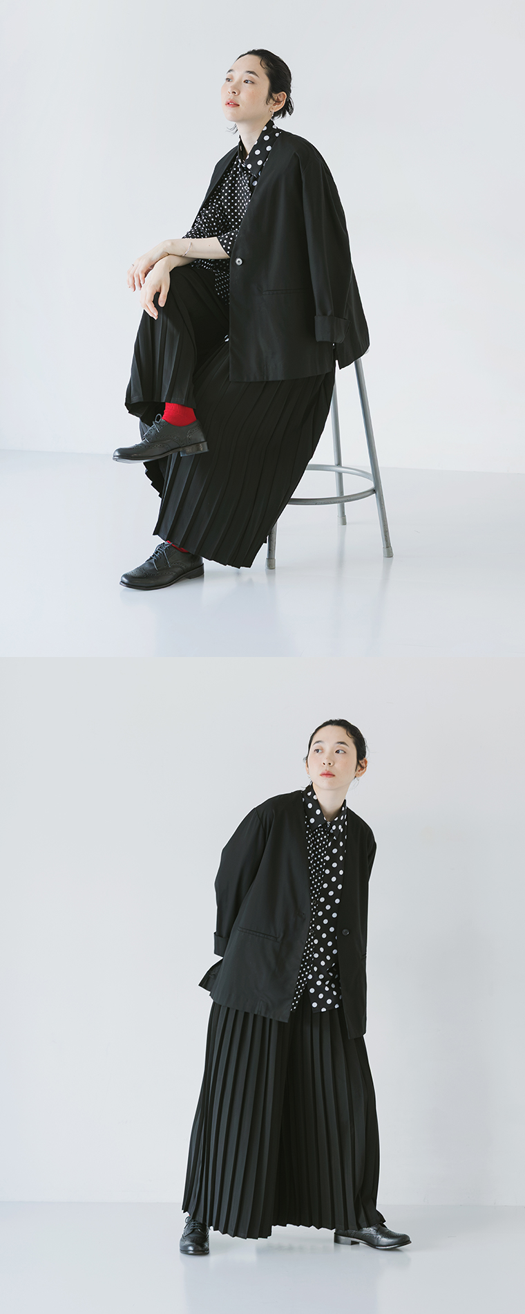 &yarn1枚で着映えるプリーツパンツを主役にしたコーディネート。ドット柄シャツにブラックのジャケットを重ねたシックな着こなしで、プリーツの美しいシルエットが映える商品画像