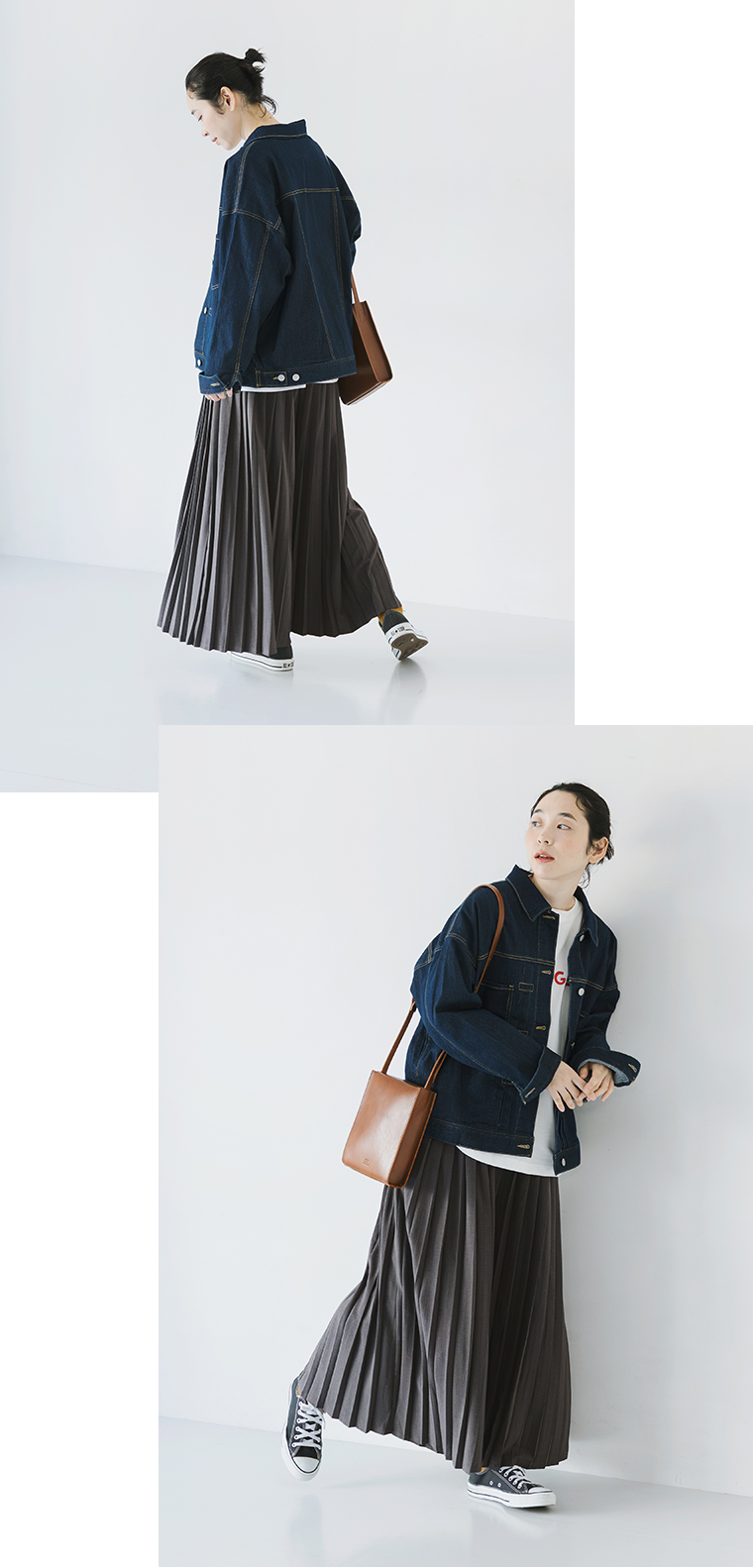 &yarn1枚で着映えるプリーツパンツを主役にしたコーディネート。デニムジャケットを羽織った着こなしのバックスタイルとサイドシルエットで、チャコールカラーのプリーツが軽やかに揺れる商品画像