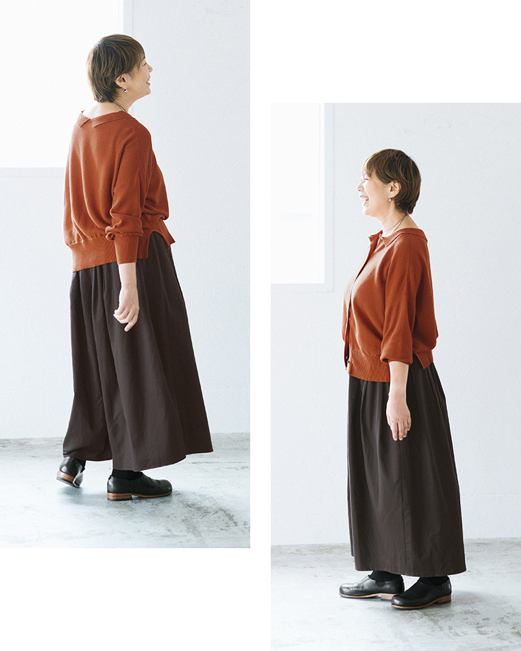 ista-ire 金子敦子さんコラボ コットンツイルどこでもパンツ（エスプレッソ）のサイドシルエットとバックシルエット