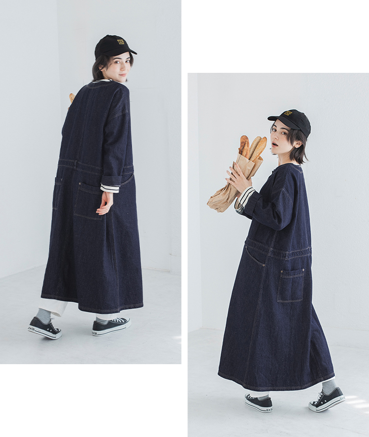 白のパンツを重ねたデニムワンピースの後ろ姿と横から見たシルエット