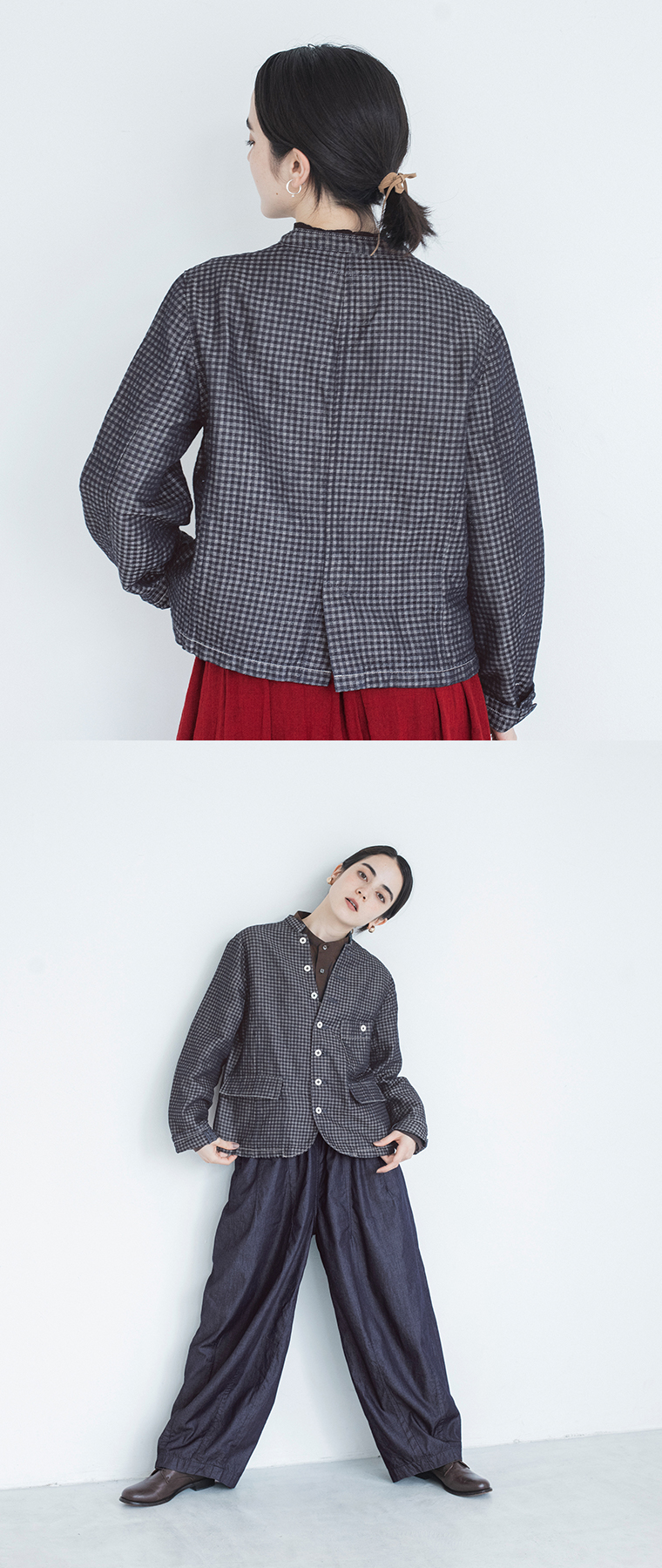 GRANDMA MAMA DAUGHTER「INDIGO CHECK」ビッグポケットスタンドテーラードジャケットのバックシルエットと着用イメージ