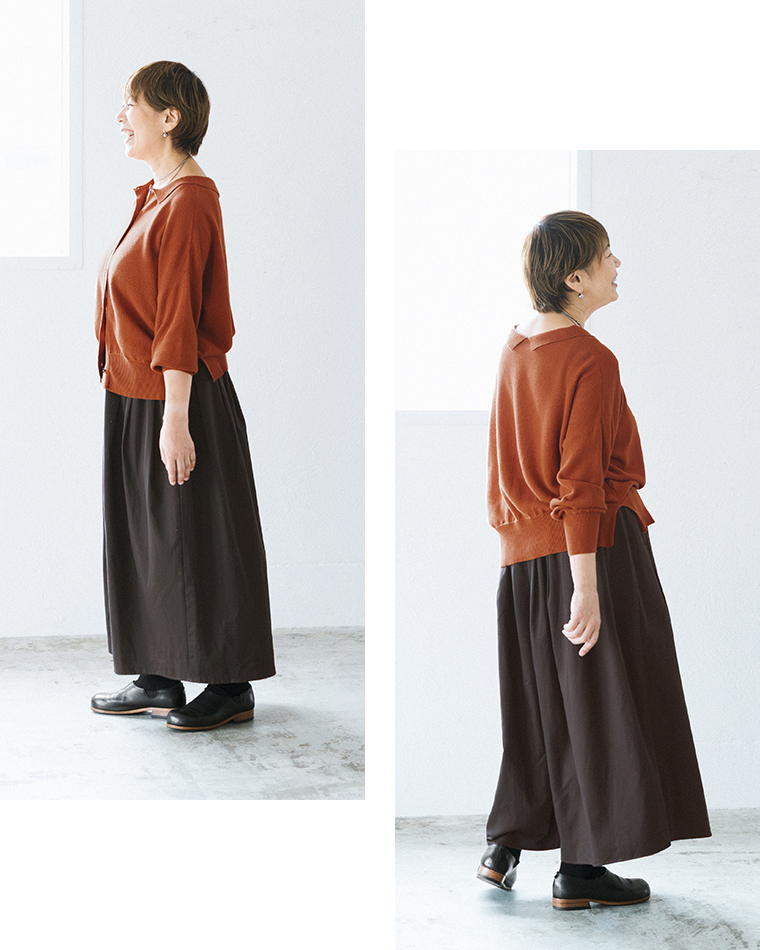 ista-ire ごきげん2wayポロカーディガンをスカートに合わせた着用コーディネート