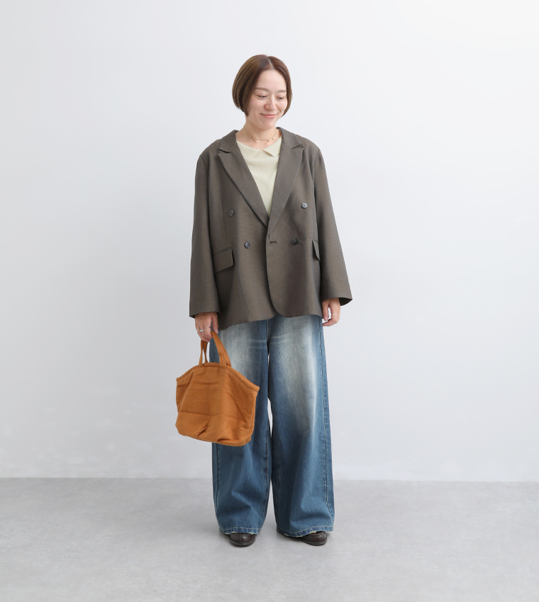 ista-ire ごきげん2wayポロカーディガンをデニムとジャケットに合わせた着用コーディネート