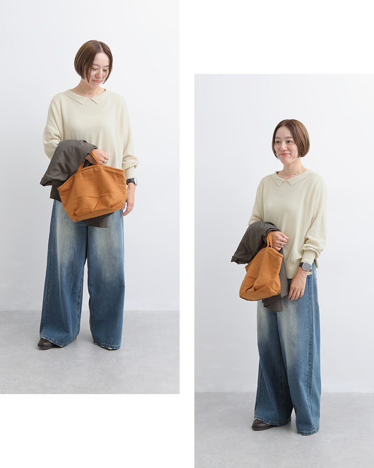 ista-ire ごきげん2wayポロカーディガンをデニムに合わせた着用コーディネート