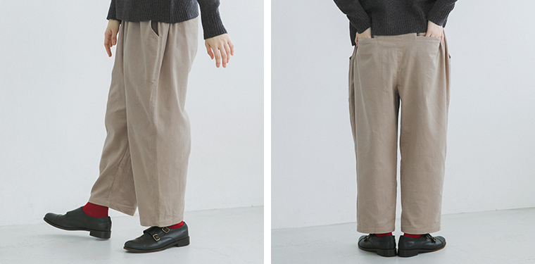 ista-ire もっと選べるコーデュロイよくばりパンツ(ミルクティ)のパンツ寄り横後ろ