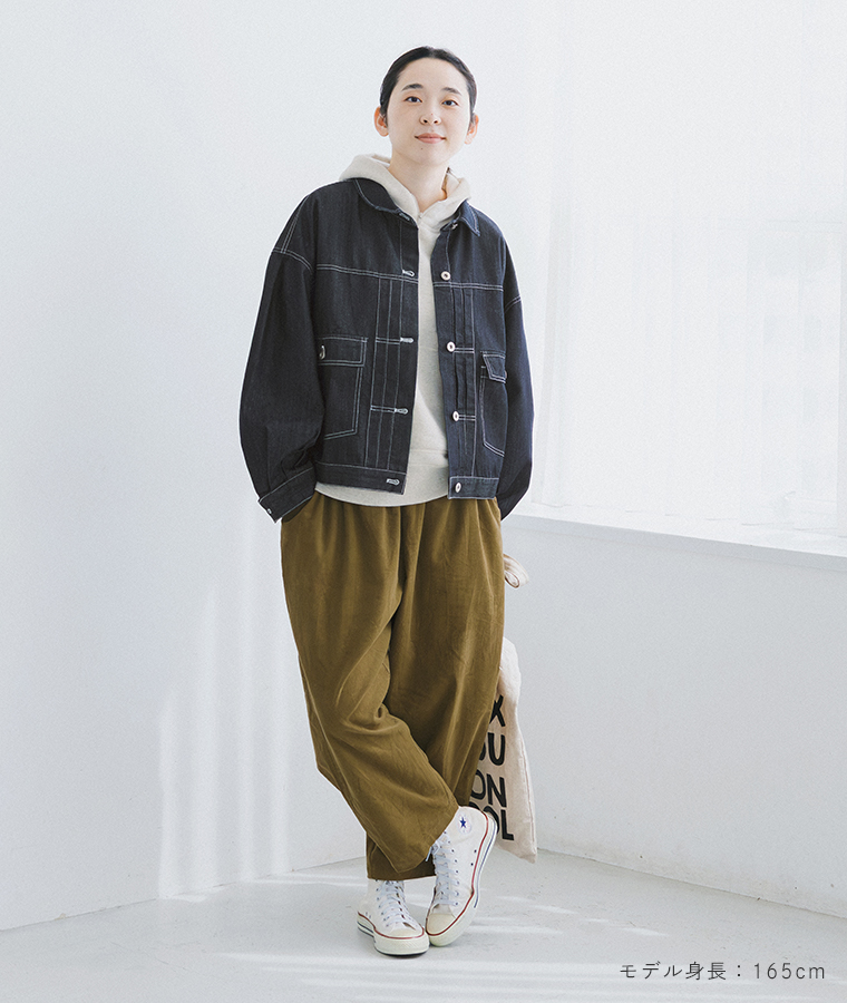 ista-ire もっと選べるコーデュロイよくばりパンツ(オリーブ)の全身前