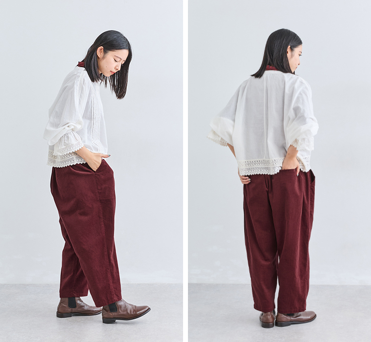ista-ire コーデュロイよくばりパンツスタッフ着用（ヤキイモ）の横後ろ