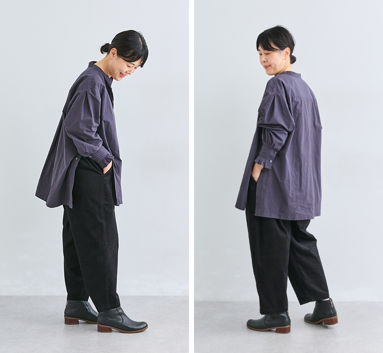 ista-ire コーデュロイよくばりパンツスタッフ着用（クロマメ）の横後ろ
