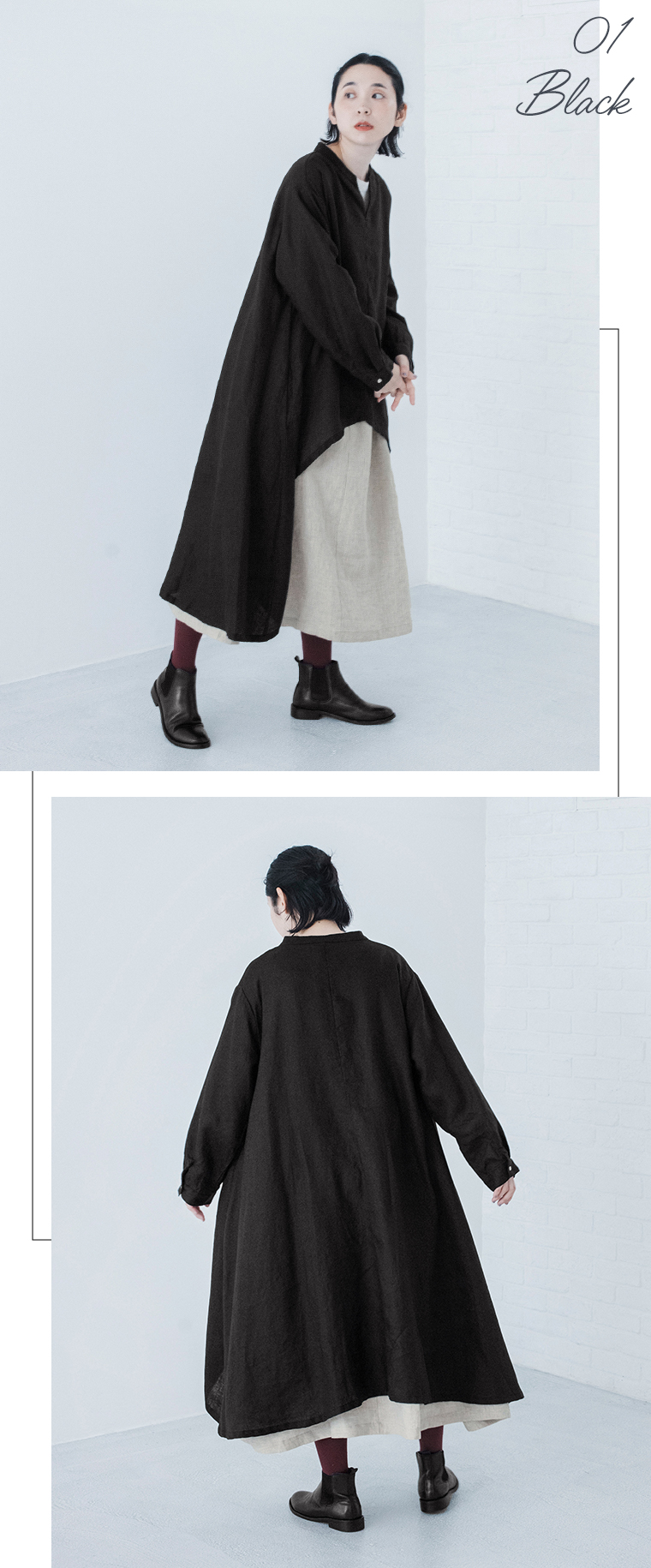 08Mab 14番手リネン　スキッパーネック前後差チュニックワンピース(ブラック)の全身前後