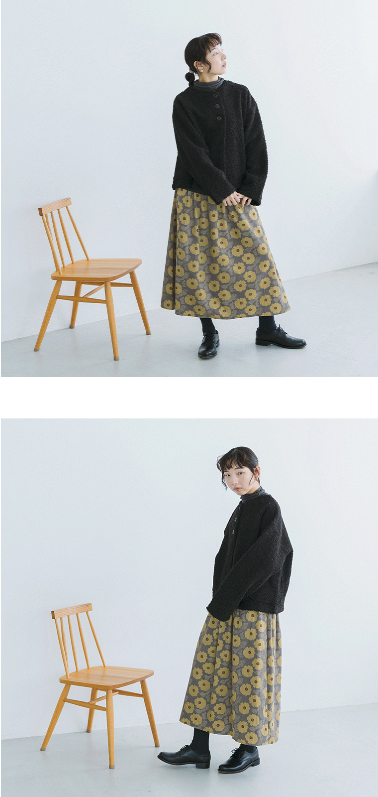 グレーの花柄スカートとブラックのジャケットを合わせた、正面と横からの着こなし