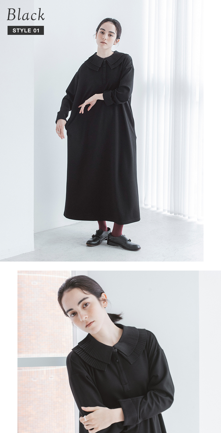 &yarn ブラックのロングワンピースのゆったりとしたシルエットと足元の着こなし