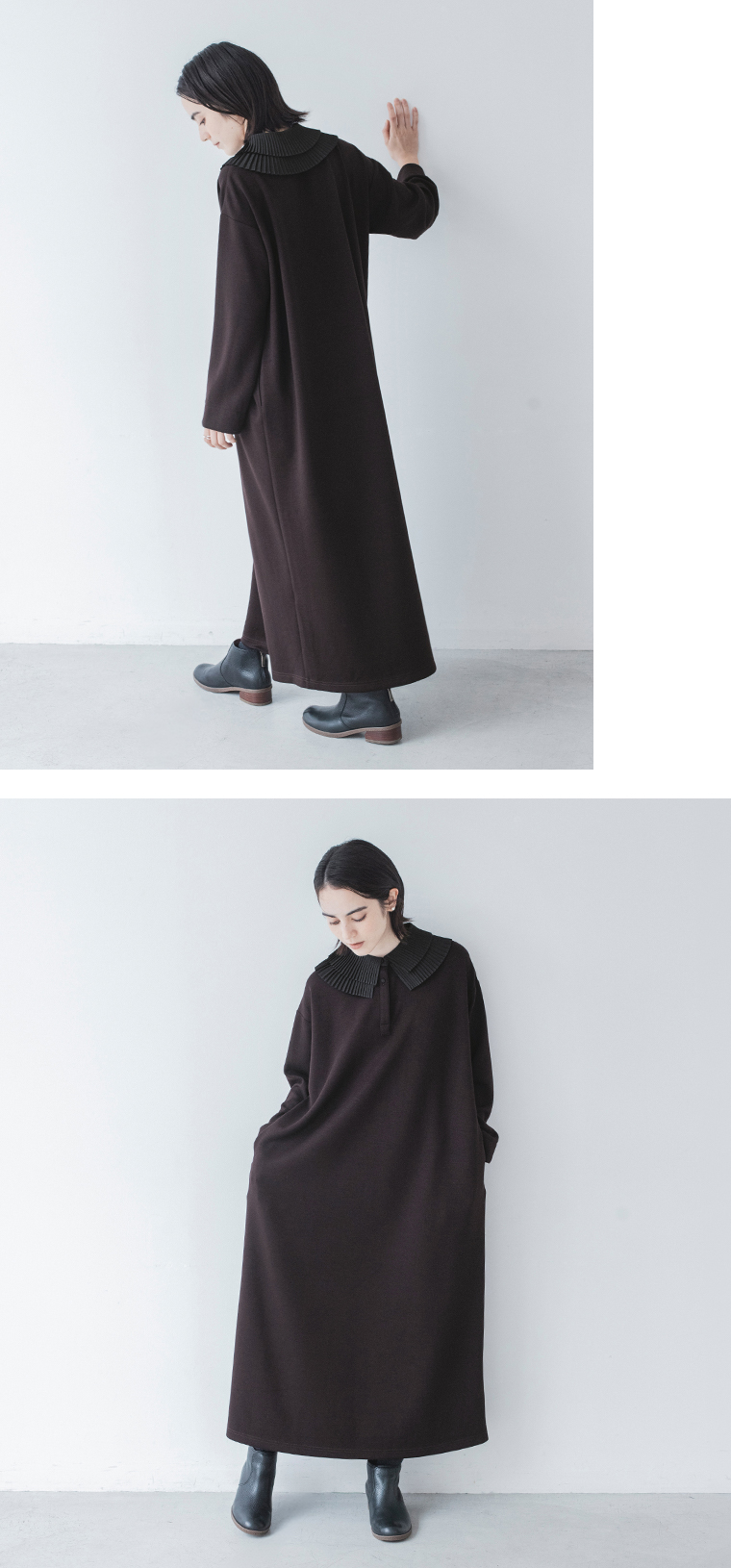 &yarn ブラウンのロングワンピースの後ろ姿とゆったり広がるシルエット