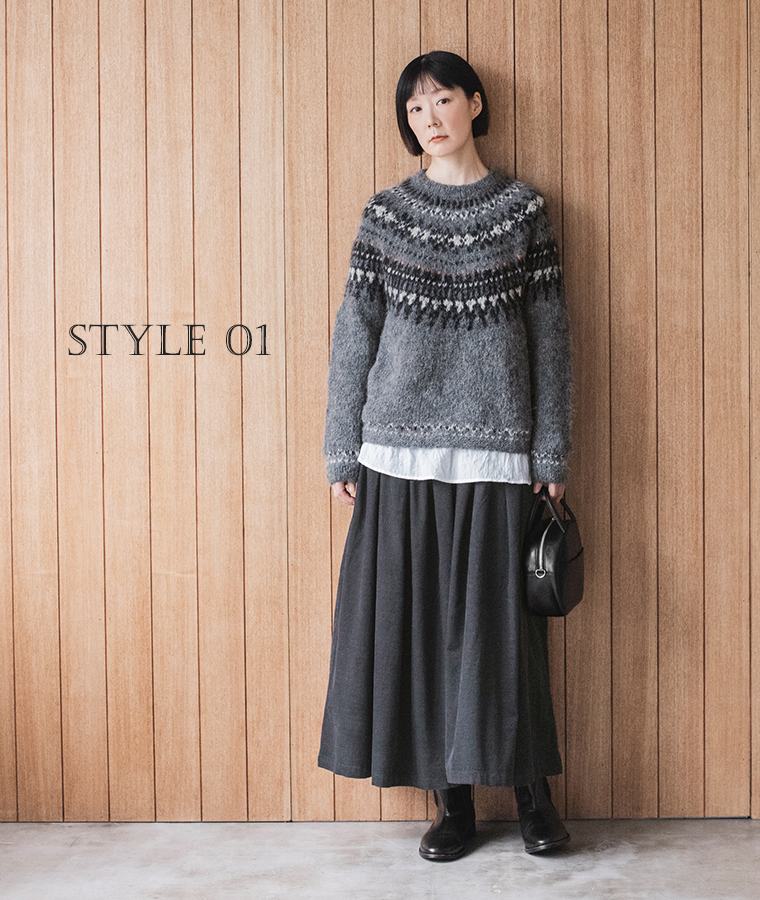 &yarnのダークネイビーのコーデュロイタックワイドパンツにノルディック柄ニットを合わせた秋冬コーデ