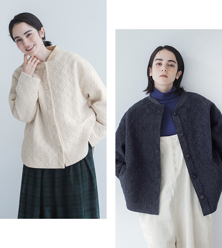 &yarnサークル刺繍中綿ブルゾンの着用イメージ（アイボリー・ネイビー）