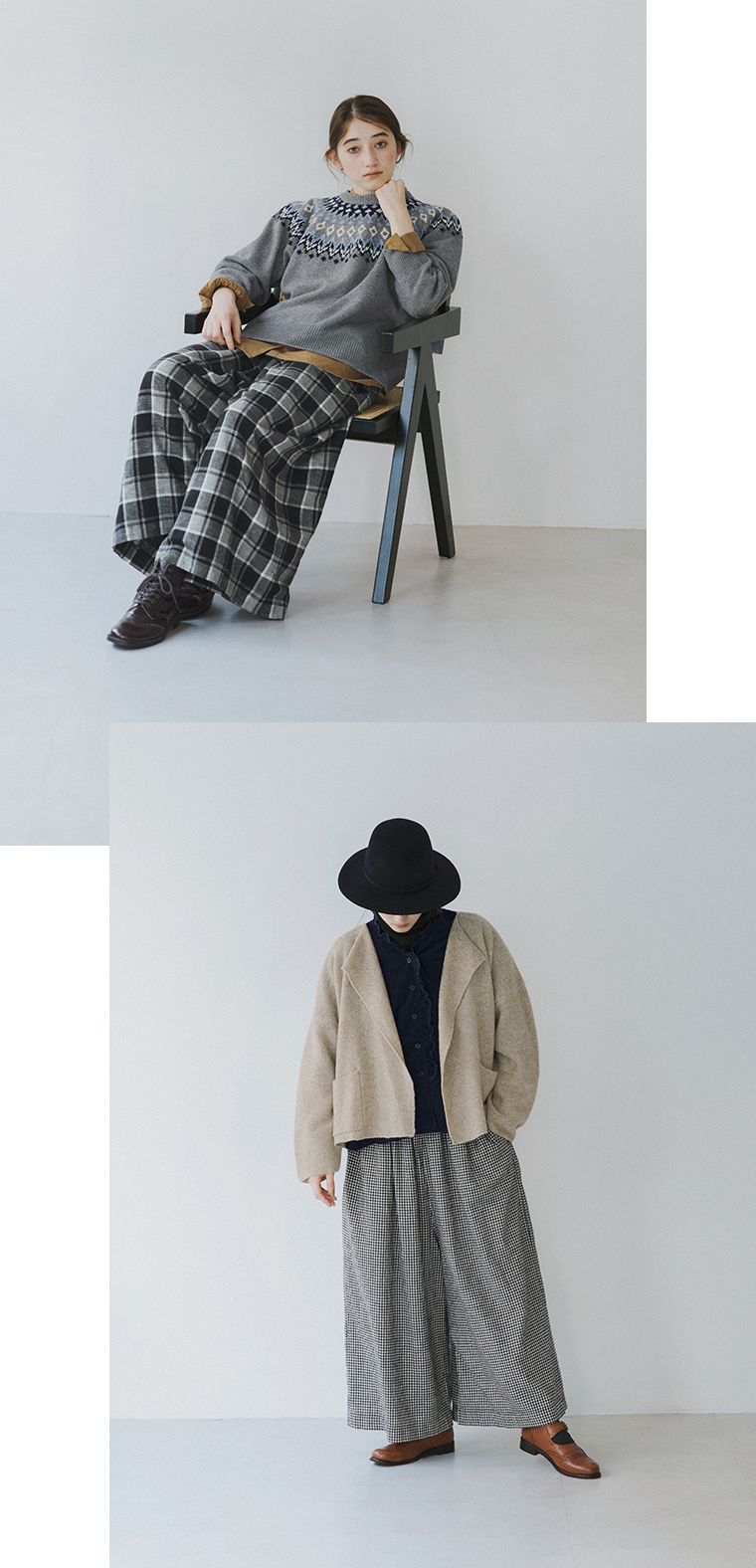ichi コットンリネン起毛チェックパンツをニットに合わせた着用コーディネート