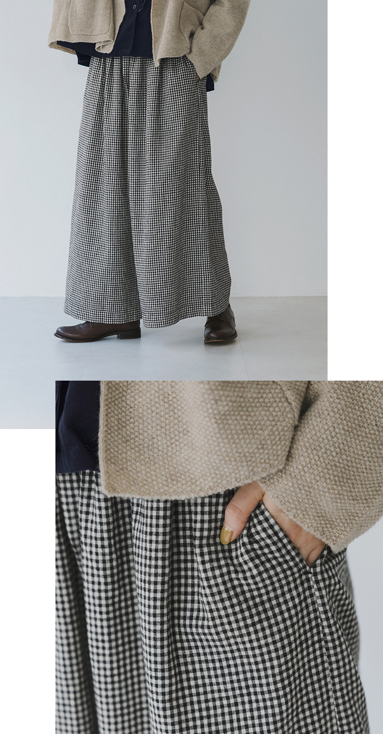 ichi コットンリネン起毛チェックパンツのゆったりとしたシルエットとポケットディテール