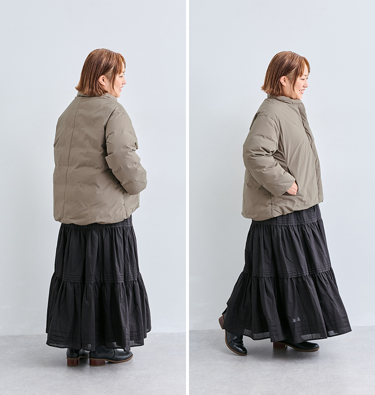 &yarn ふんわり軽量ちび襟ダウンジャケット スタッフ瀬戸の着用感  全身横と後ろ