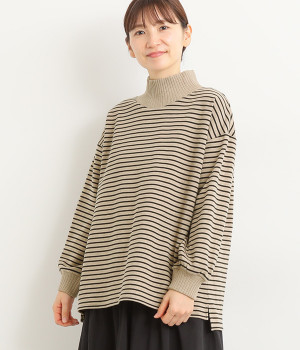 コットンポンチリブ襟プルオーバー(ブラック×ベージュ-ONESIZE)