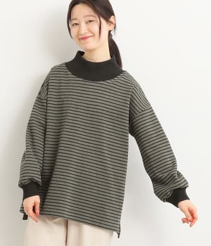 コットンポンチリブ襟プルオーバー(ブラック×チャコール-ONESIZE)