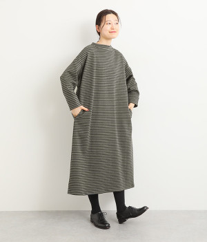 コットンポンチボーダー2wayワンピース(ブラック×チャコール-ONESIZE)