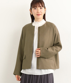 ツイルストレッチノーカラージャケット(カーキ-ONESIZE)