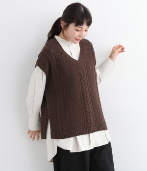 コットンリリヤーン縄柄ベスト(ブラウン-ONESIZE)