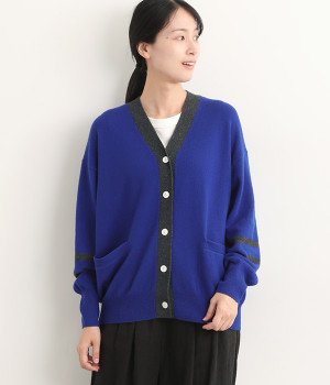 TRINITYメリノウール天竺ライン入りカーディガン(ブルー-ONESIZE)
