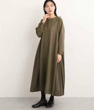 ツイルストレッチサイドプリーツワンピース(カーキ-ONESIZE)