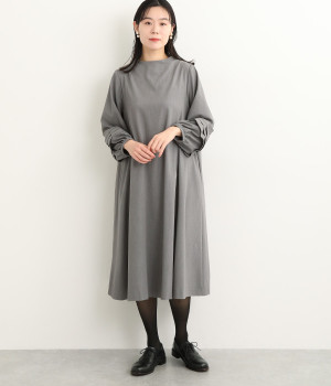 ギャバストレッチタックスリーブワンピース(グレー-M)